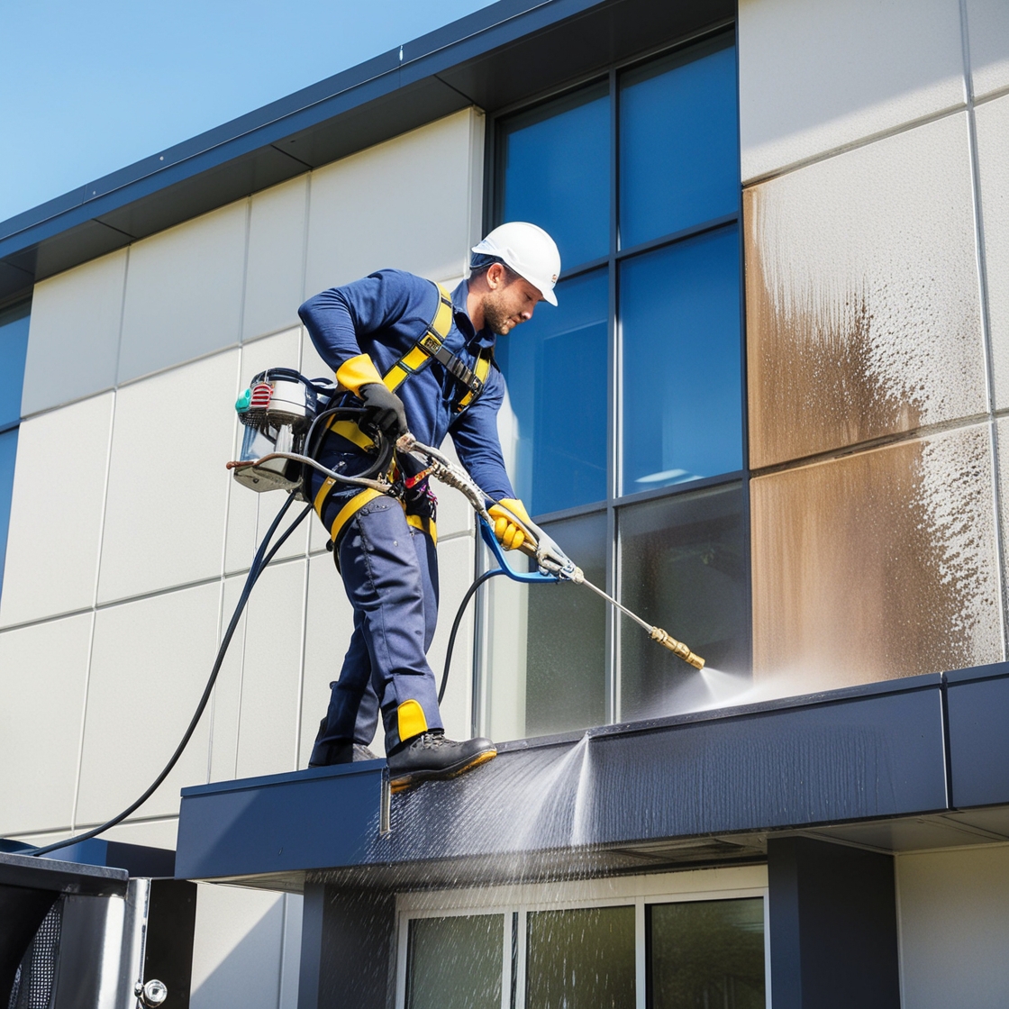 Homme nettoyant une façade à Metz